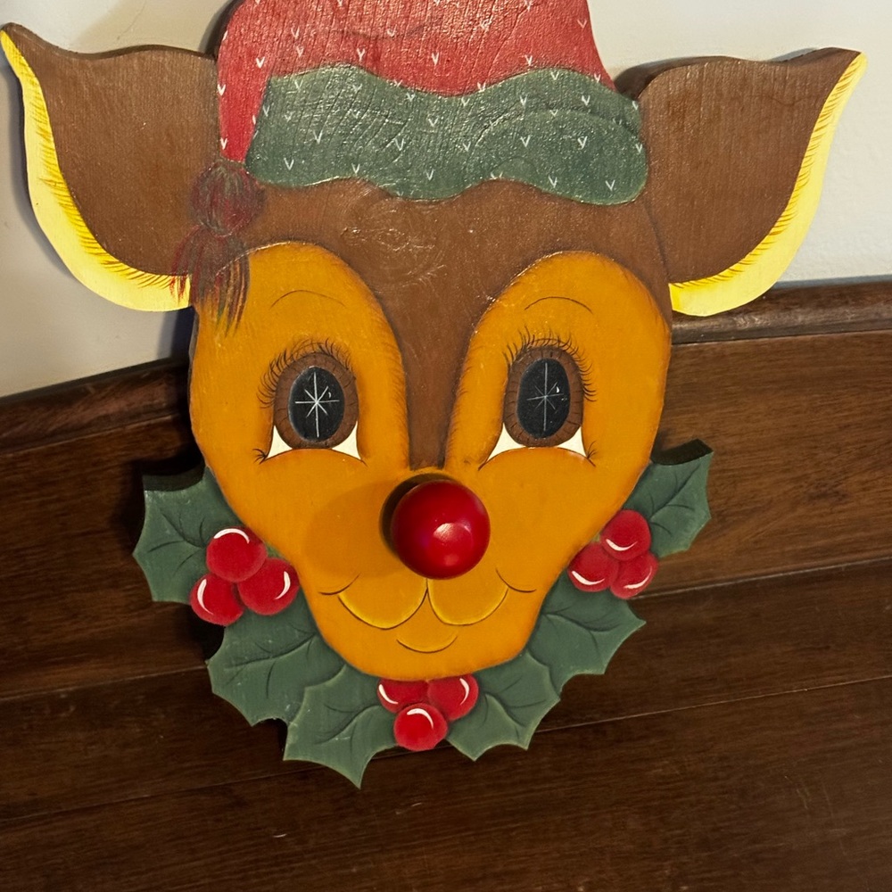 Whimsical Holiday Reindeer Wall Art with Red and Green Details